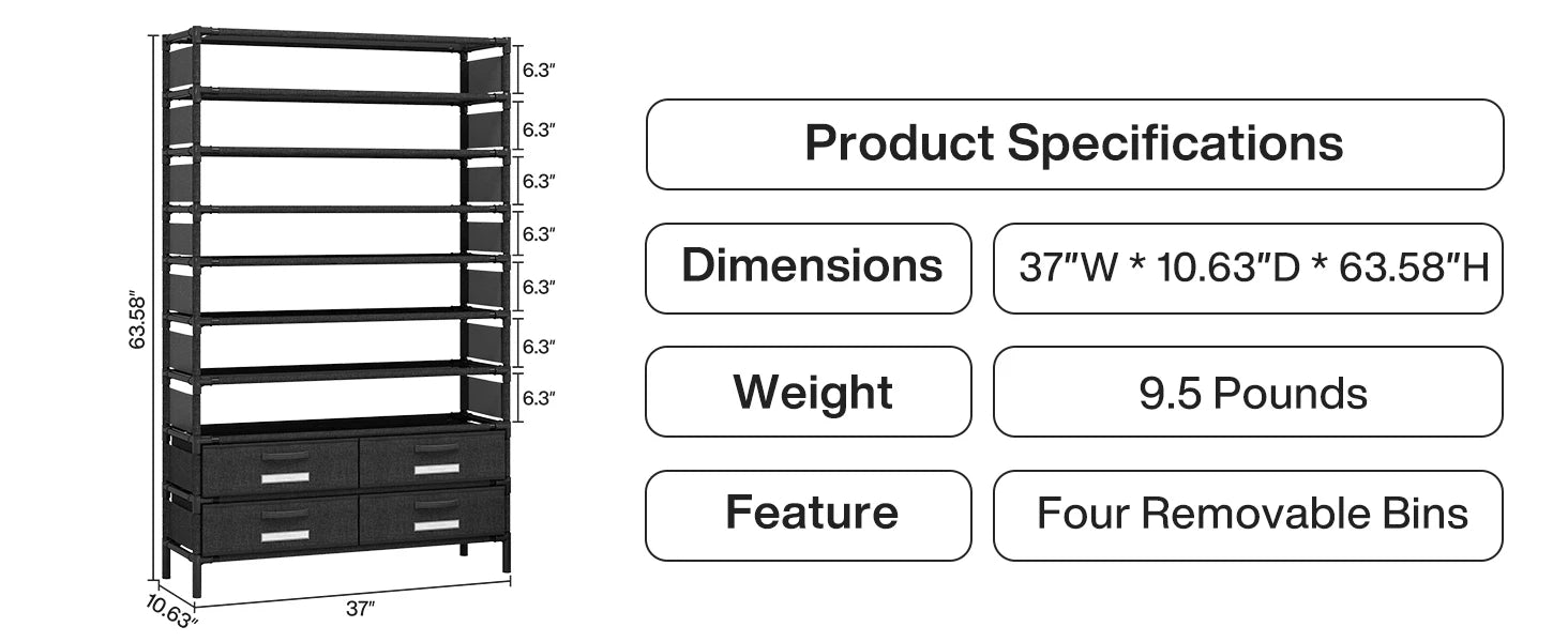 10 Tier Shoe Rack Organizer with 4 Bins Drawers for Closet Entryway,