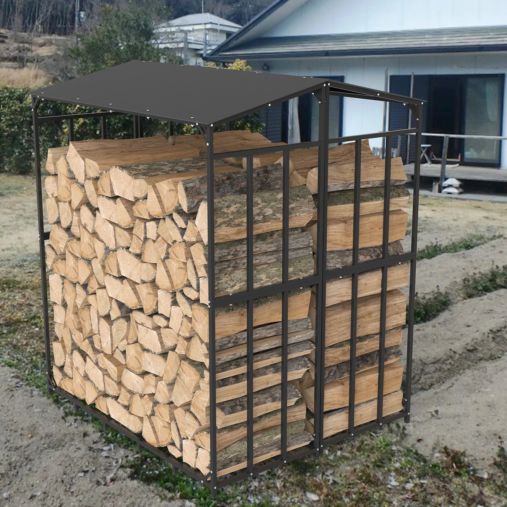 Tall Outdoor Firewood Rack with Cover