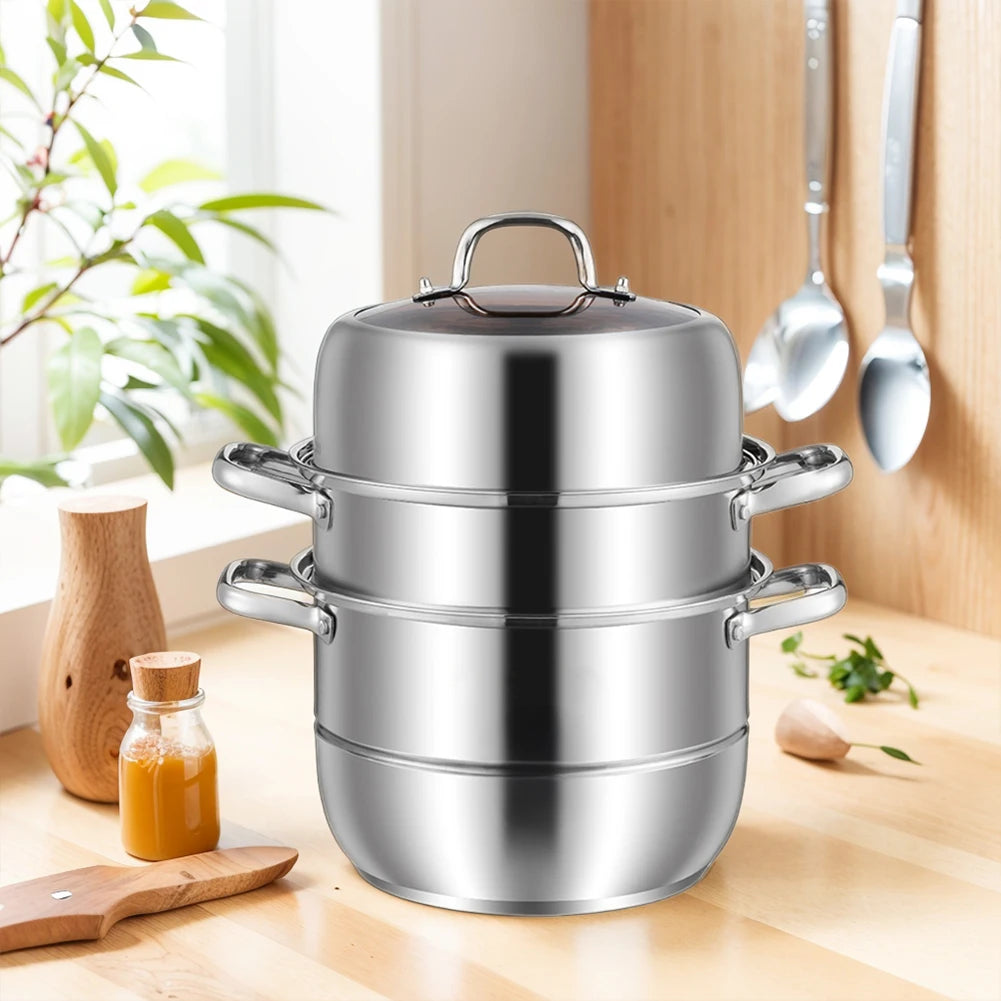 11inch 3 Tier Stainless Steel with Lid&Handle Steamer Pot od