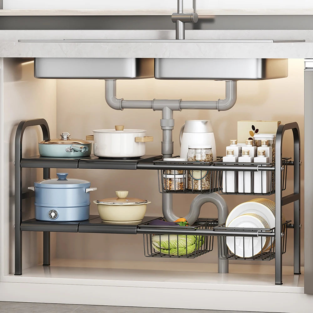 Expandable Cabinet Shelf Organizer Storage Rack With Removable Baskets