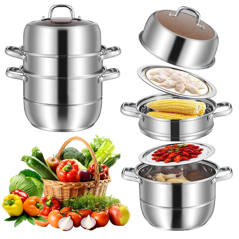 11inch 3 Tier Stainless Steel with Lid&Handle Steamer Pot od