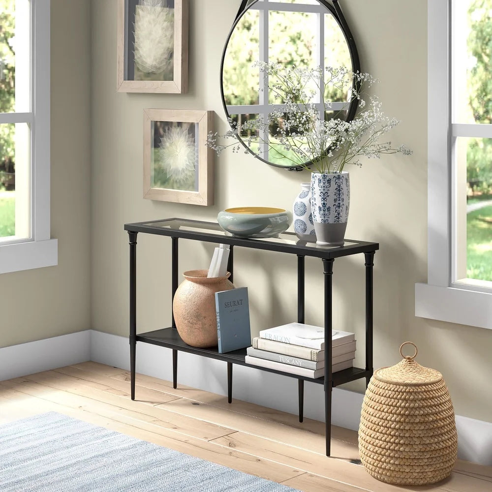 Vintage Inspired Rectangular Console Table with Tempered Glass Top and Shelf