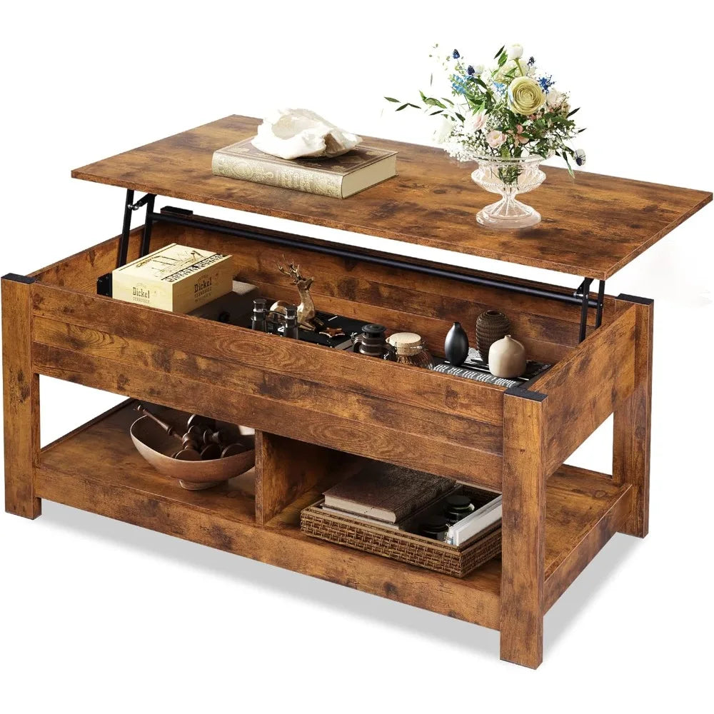 Lift Top Coffee Table with Hidden Compartment and 2 Storage Shelves
