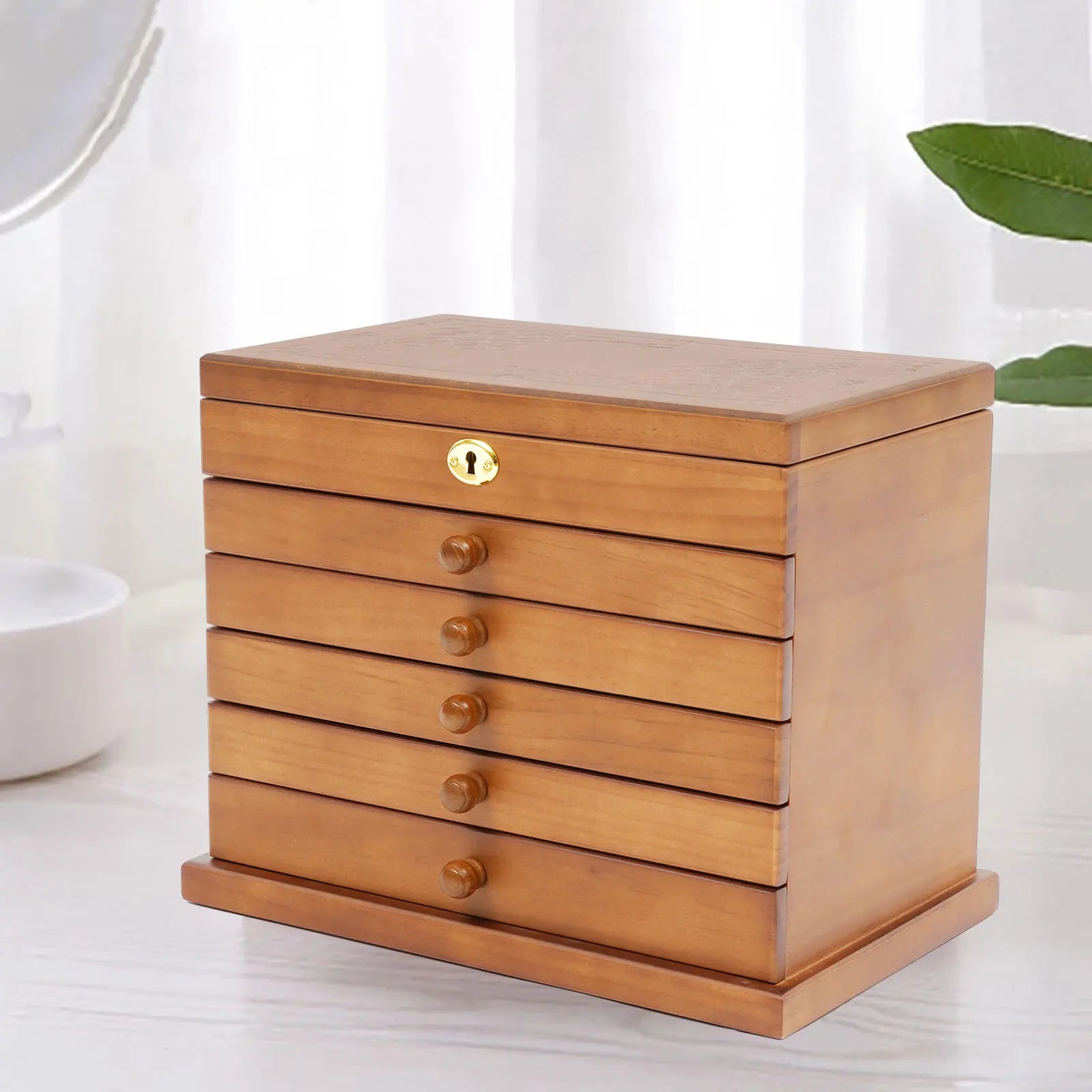 6 Tiers Wooden Jewelry Storage Box Organizer with Mirror and Lock