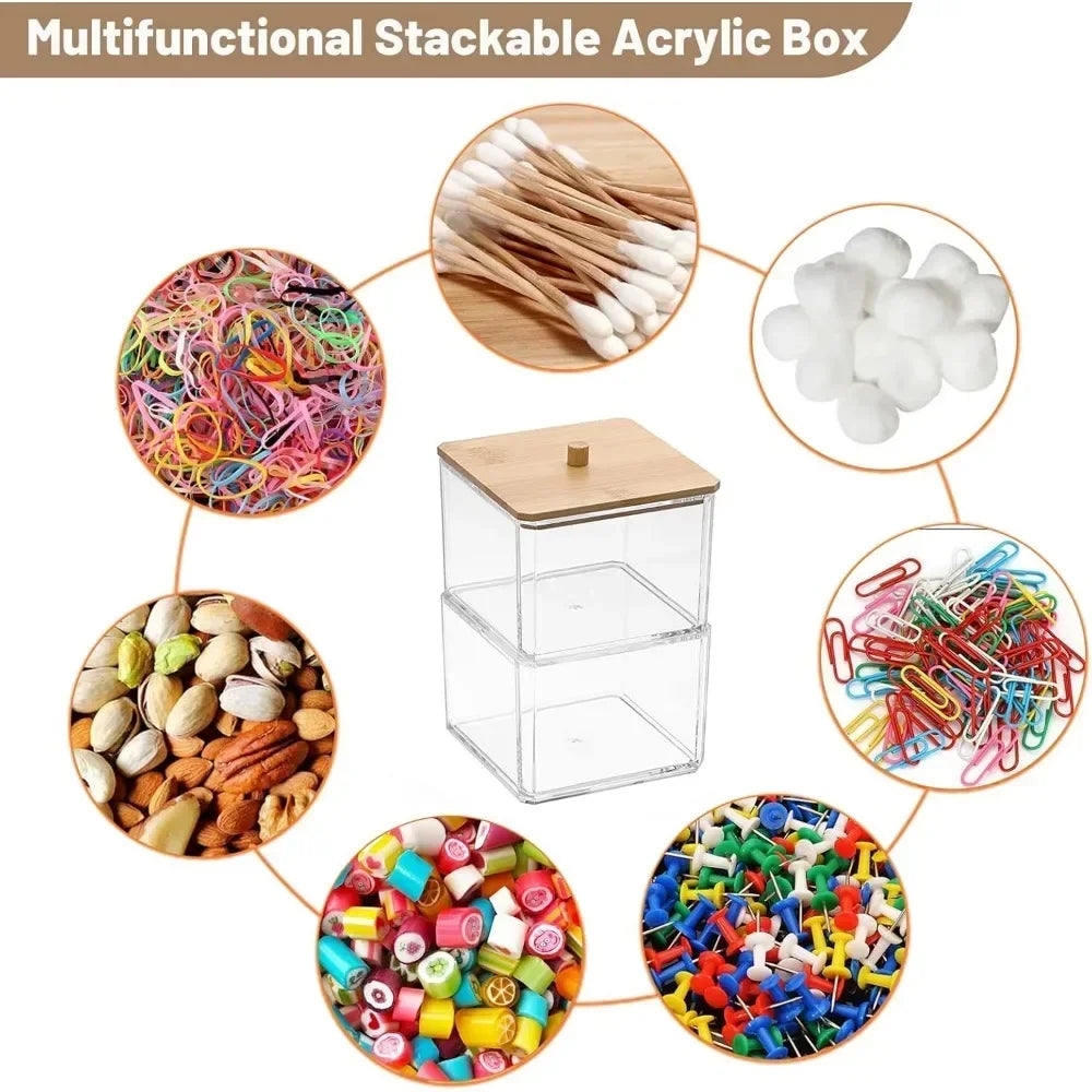Clear stackable paper clip holder Bamboo cover 2-layer paper clip box