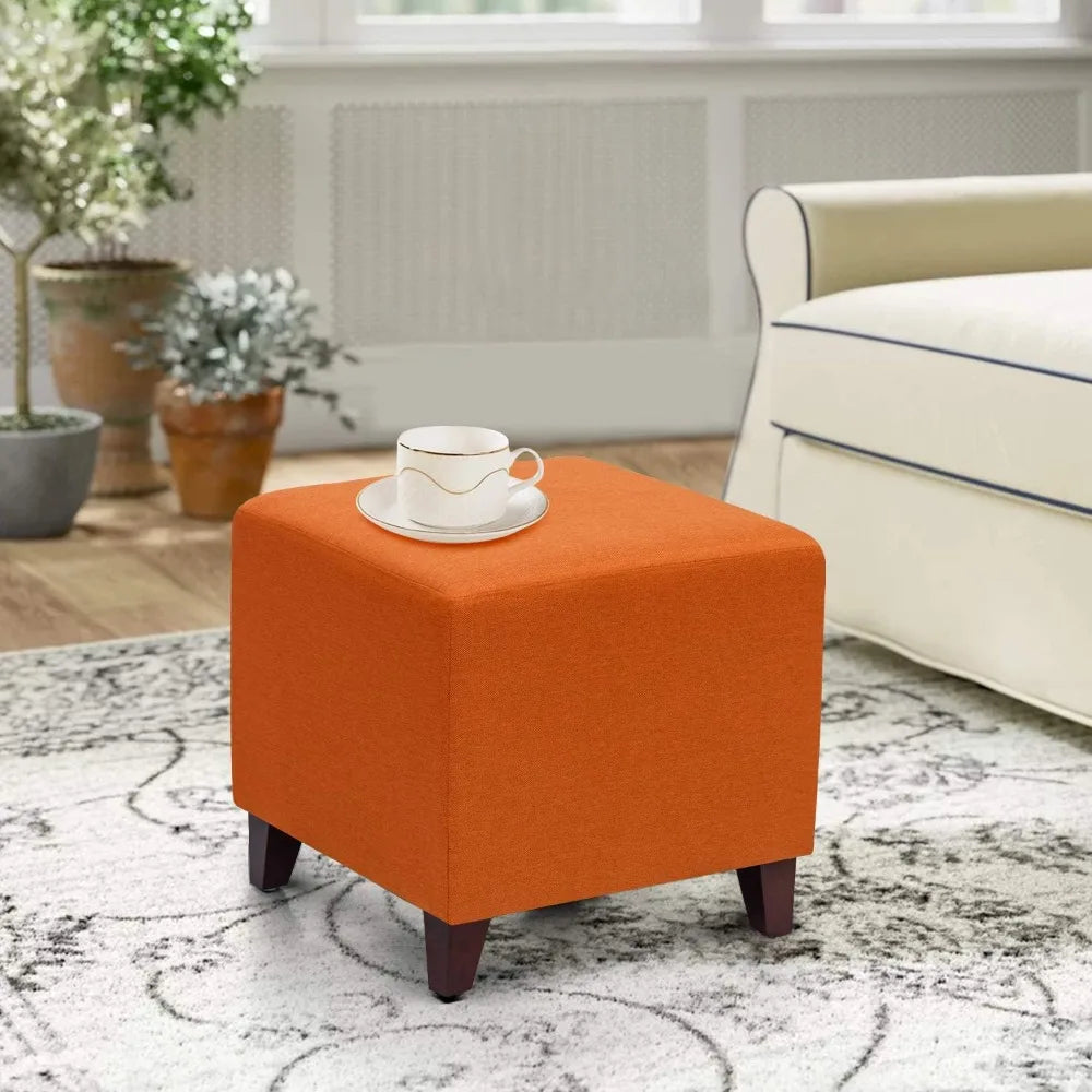Square Ottoman Fabric Cube Foot Rest Stool with Wooden Legs