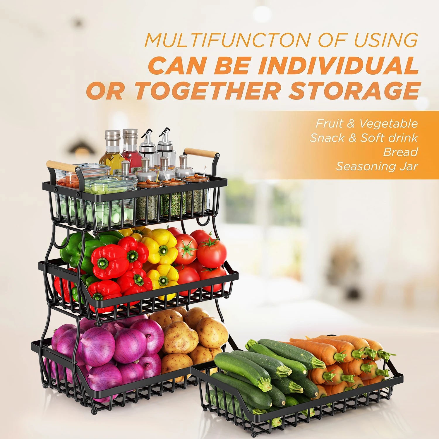 3-Tier countertop fruit basket with 2 banana hooks, removable metal device, wooden handle