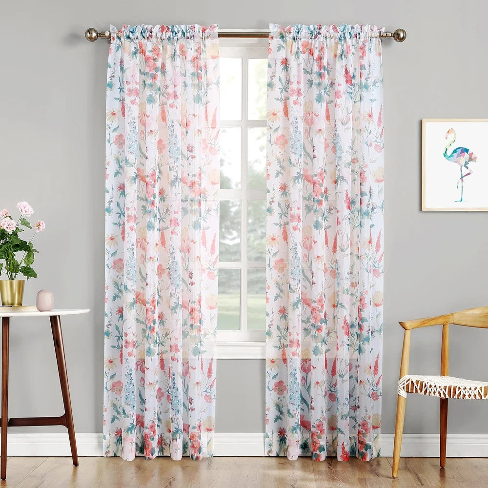 2 Pack Sheer Voile Curtain Panels Floral Rod Pocket Lightweight Machine Washable