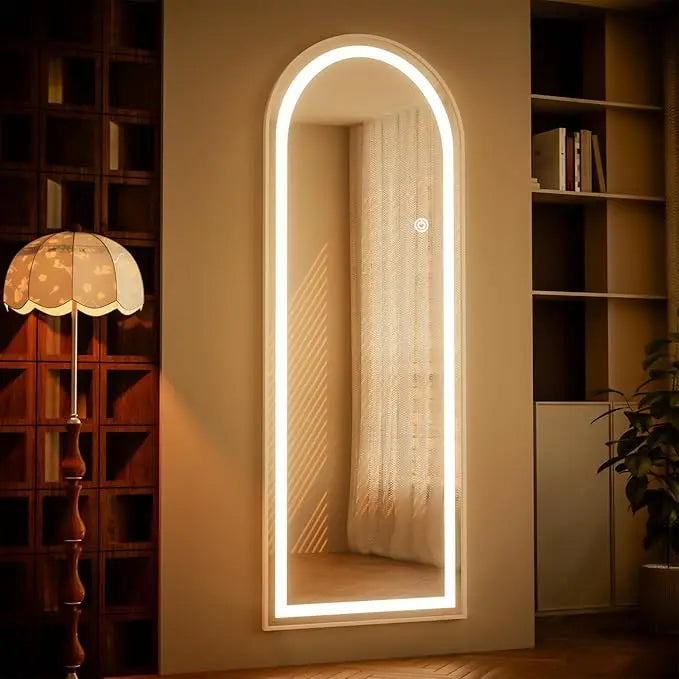LED full-length mirror with rounded corners,  floor standing, tri color lighting, white