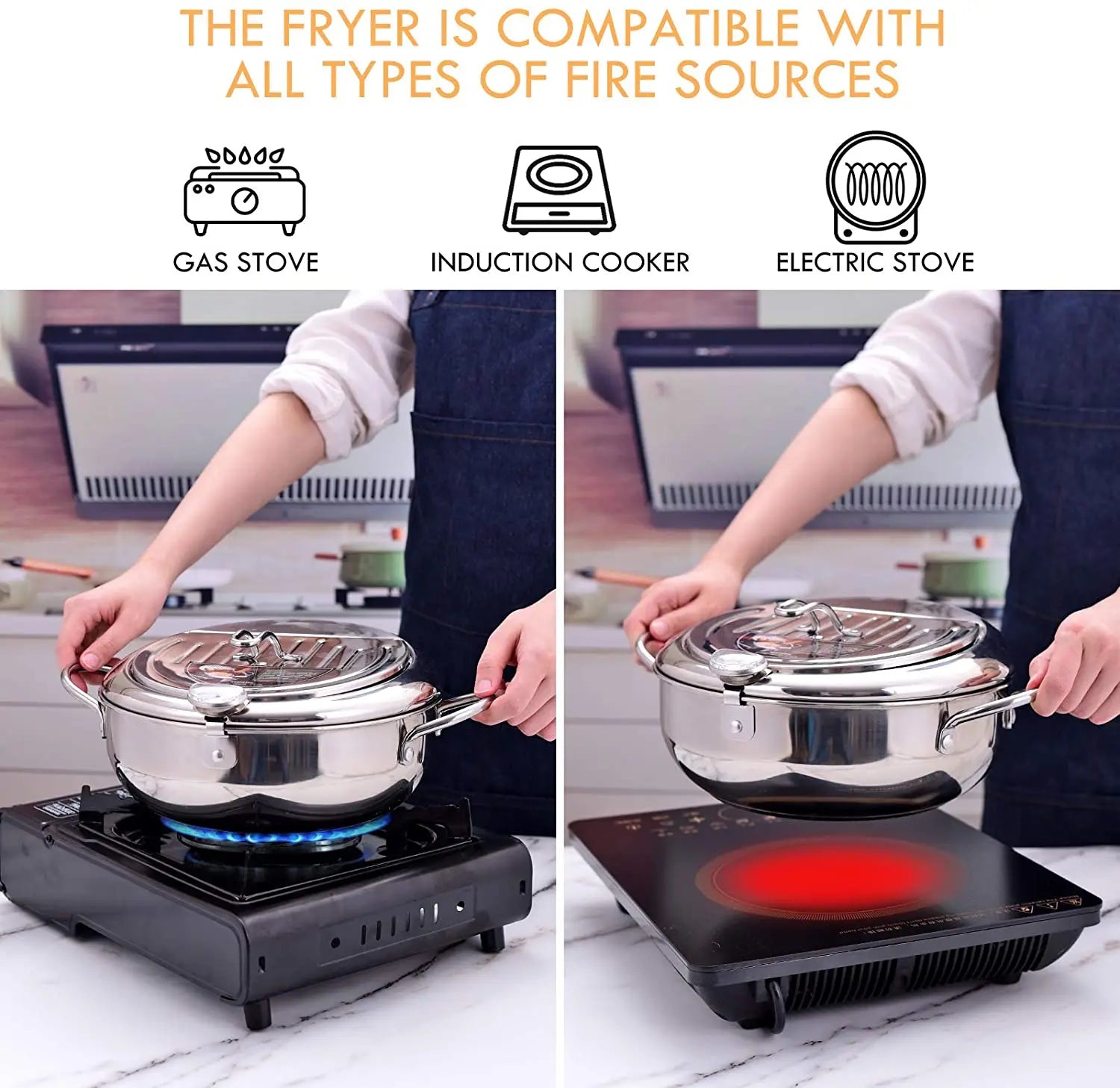 Deep Frying Pot with a Thermometer and a Lid