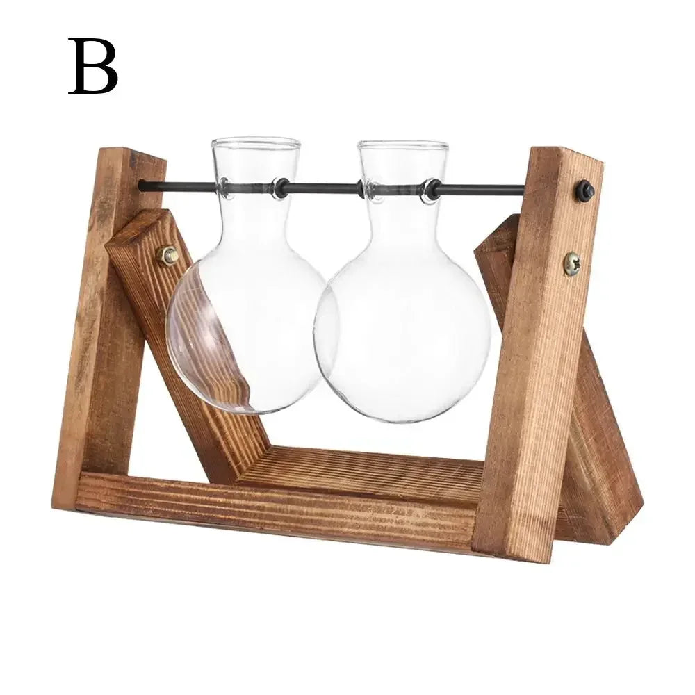 Glass Vase Vintage Bonsai Flower Pot Terrarium Tabletop Tray Wooden Frame
