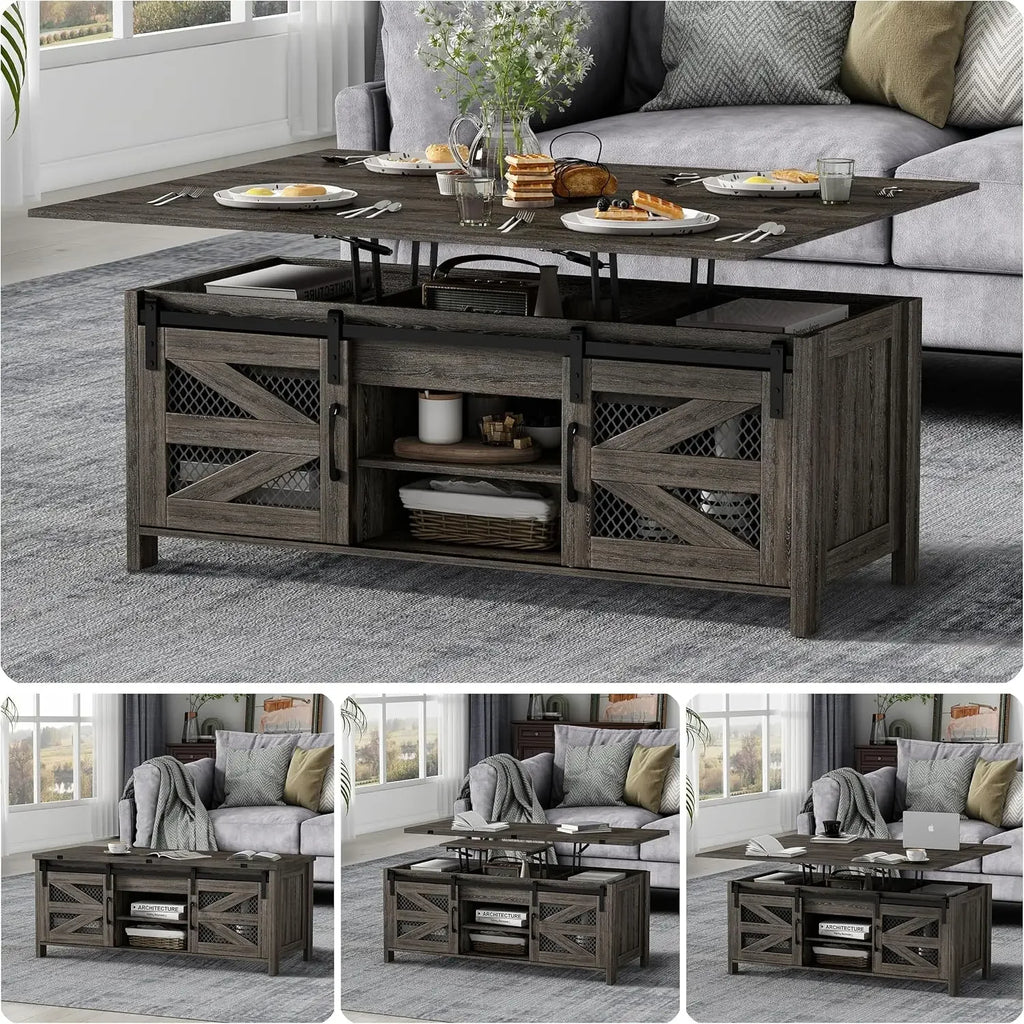 4 in 1 Farmhouse Coffee Table with Sliding Barn Doors