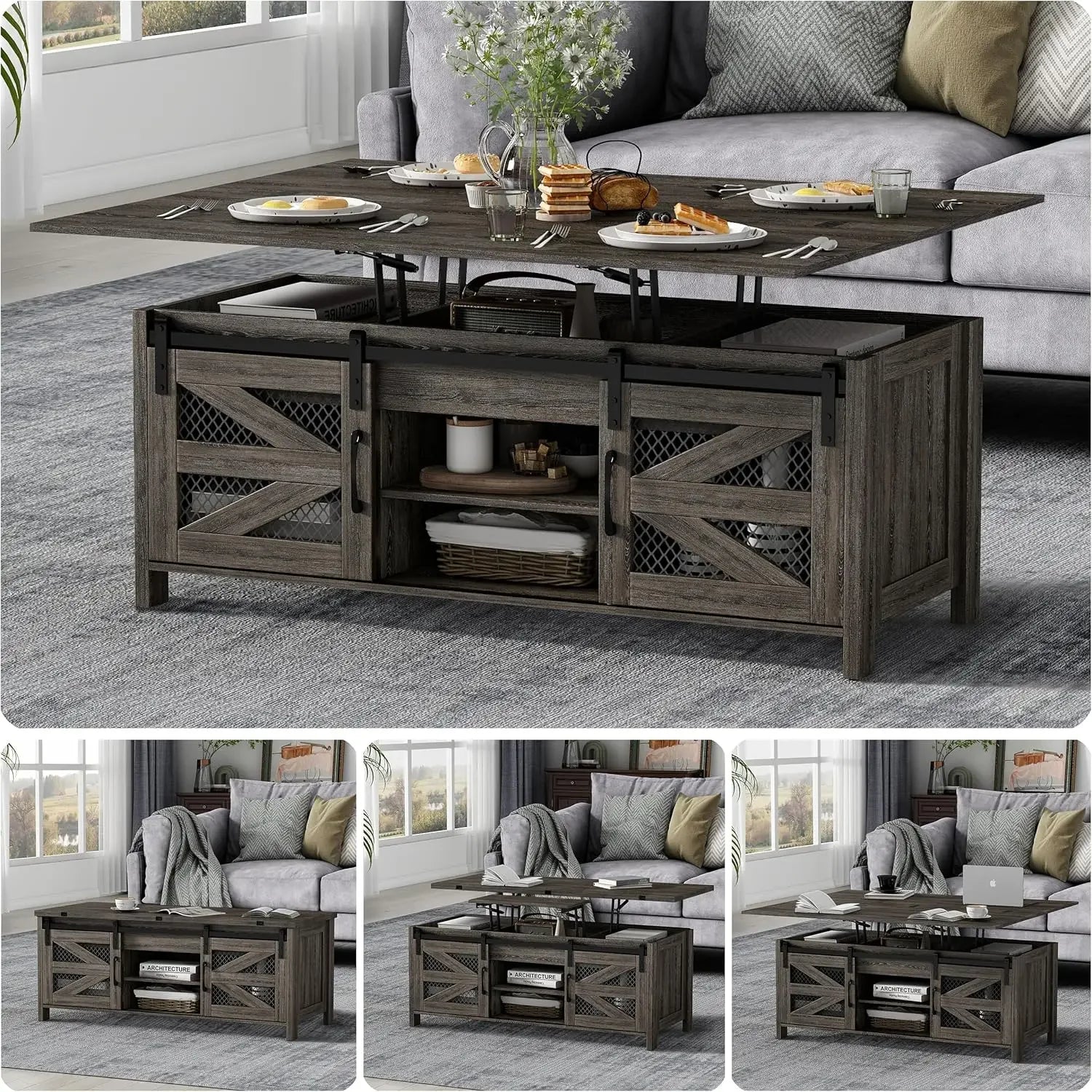 4 in 1 Farmhouse Coffee Table with Sliding Barn Doors