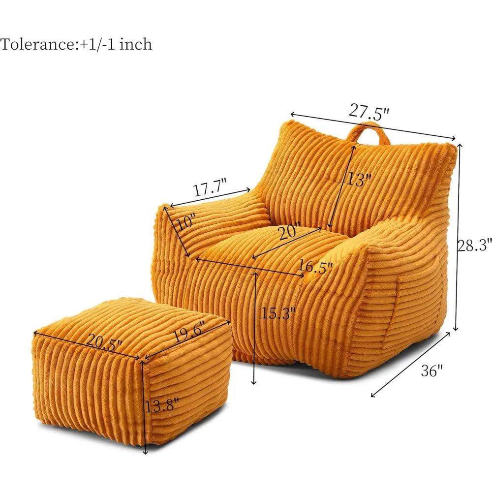 Corduroy Bean Bag Chair with Ottoman Comfy Floor Sofa for Reading
