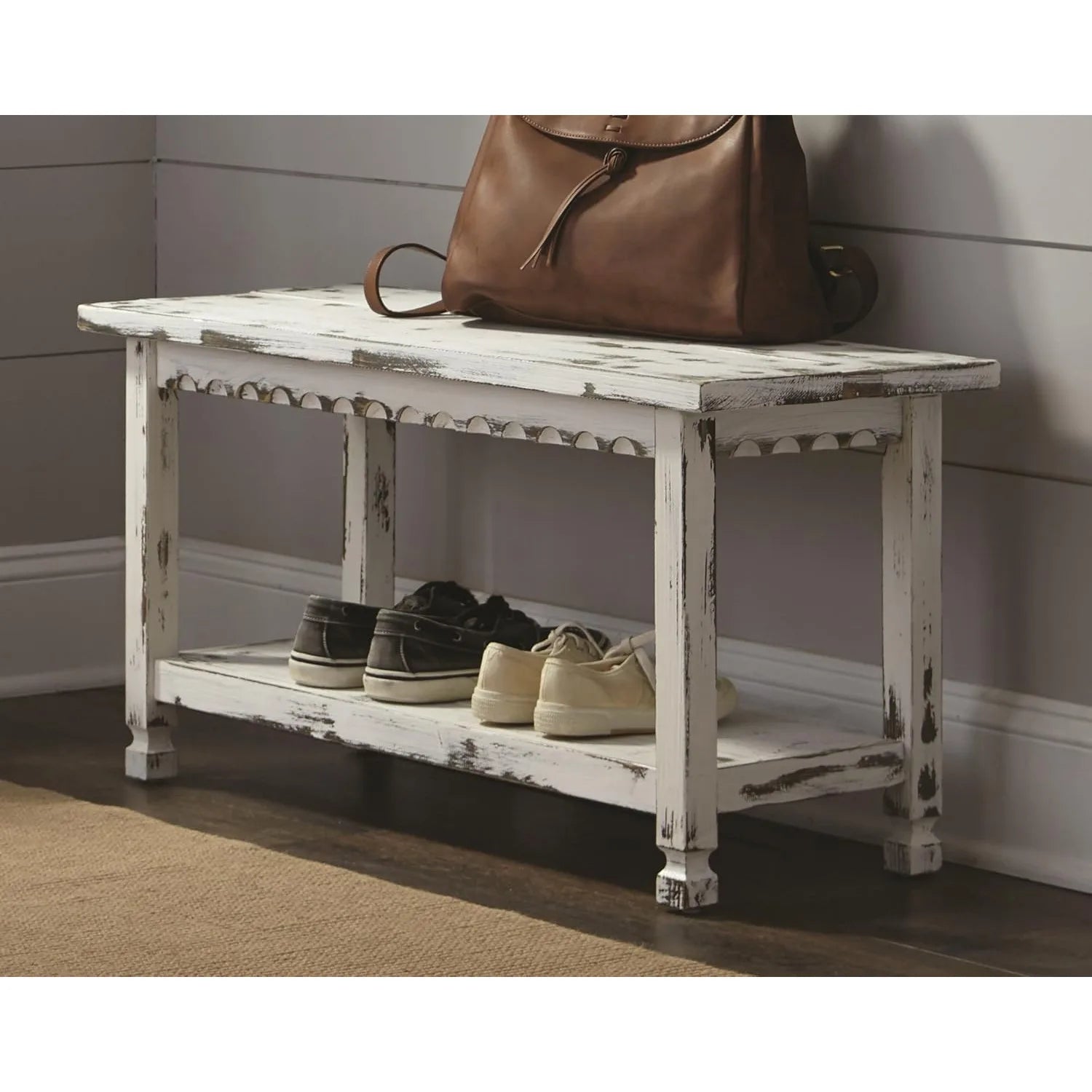 Rustic Cottage Bench w 1 Shelf  Distressed Finish