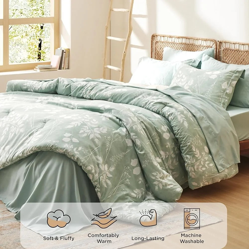 Queen Floral Comforter Set Botanical Flowers Pillows Fitted Flat Sheet Cozy Elegant