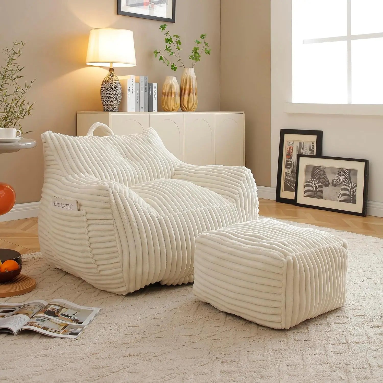 Corduroy Bean Bag Chair with Ottoman Comfy Floor Sofa for Reading