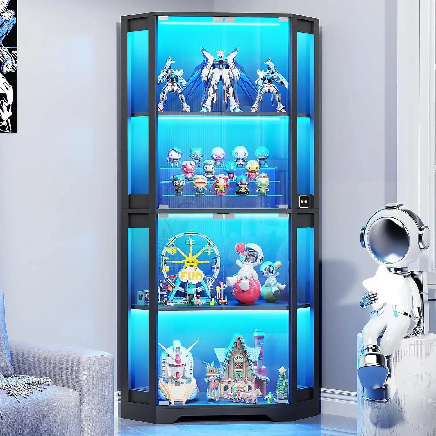 Corner Display Cabinet with Glass Doors, Lighted Curio for Collectibles,