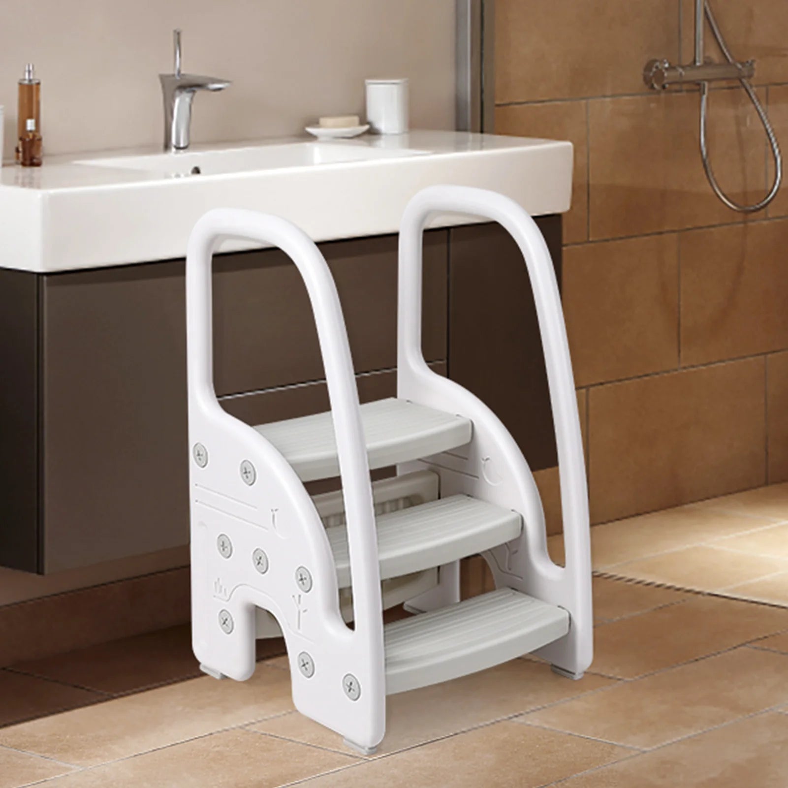 Plastic 3 Step Stool for Bathroom Sink or Kitchen Counter With Handles
