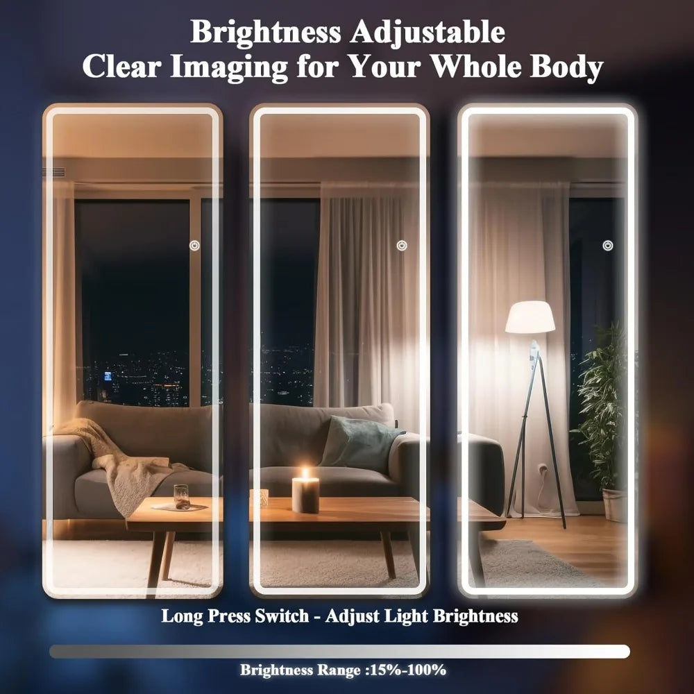 LED full-length mirror with rounded corners,  floor standing, tri color lighting, white