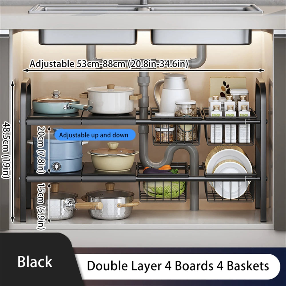 Expandable Cabinet Shelf Organizer Storage Rack With Removable Baskets