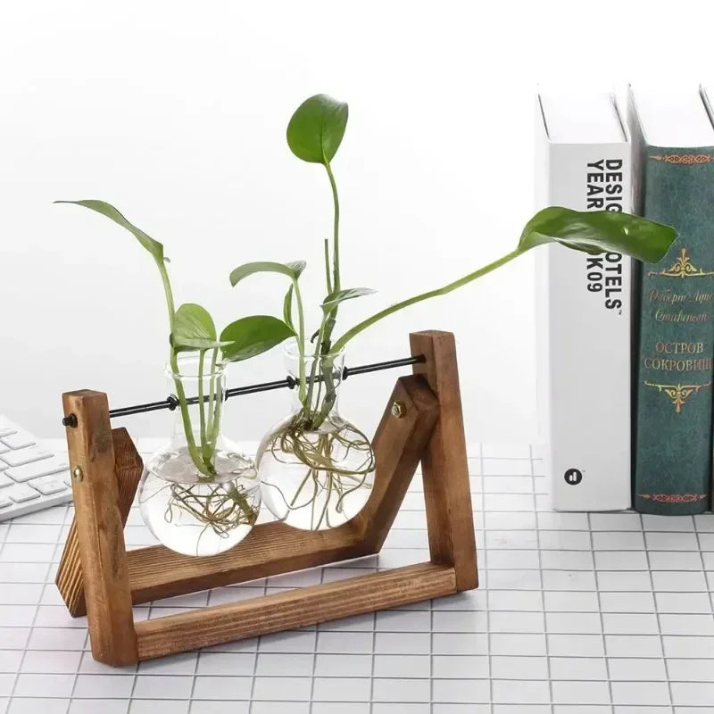 Glass Vase Vintage Bonsai Flower Pot Terrarium Tabletop Tray Wooden Frame