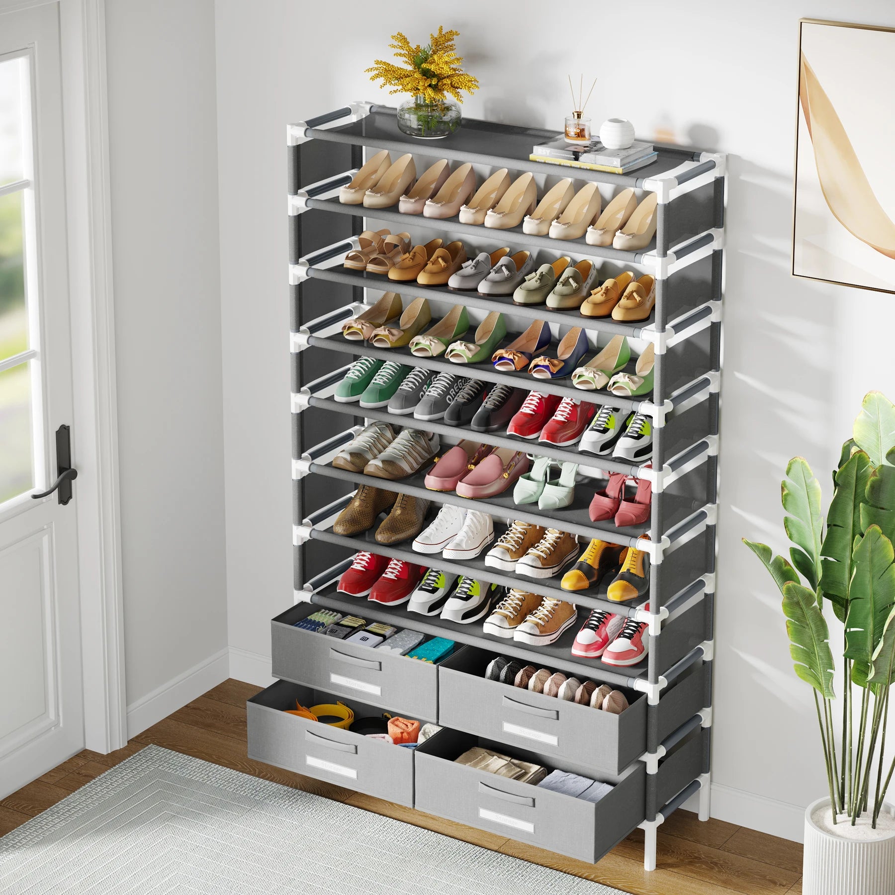 10 Tier Shoe Rack Organizer with 4 Bins Drawers for Closet Entryway,