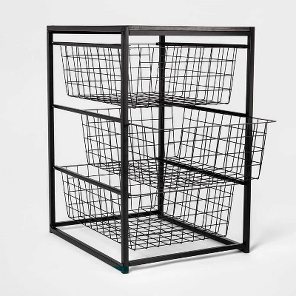 3 Drawer Metal Organizer with Wood Top Decorative Storage Unit