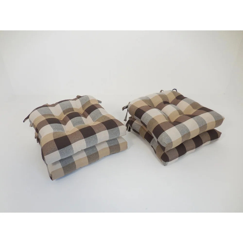 Set of 4 Buffalo Check Chair Cushions Soft Polyester Fiber Ties Indoor