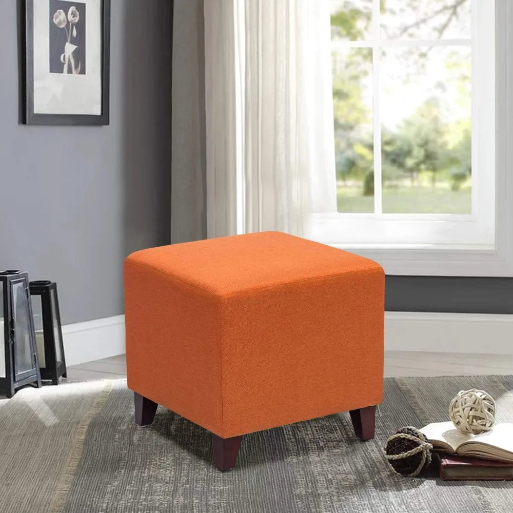Square Ottoman Fabric Cube Foot Rest Stool with Wooden Legs