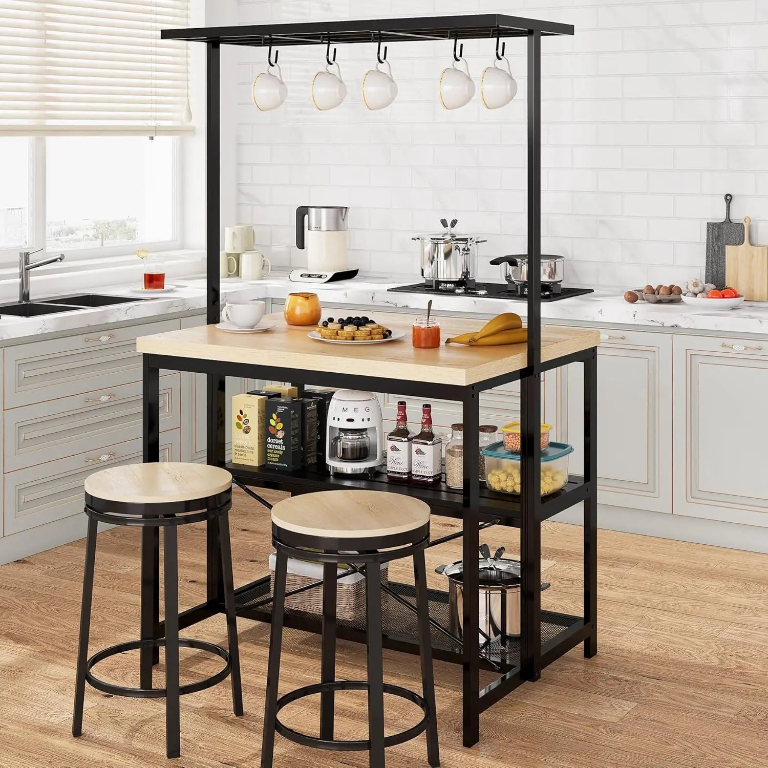 Kitchen Island with Storage ,3 Tier Microwave Stand Oven Shelf Bar Table