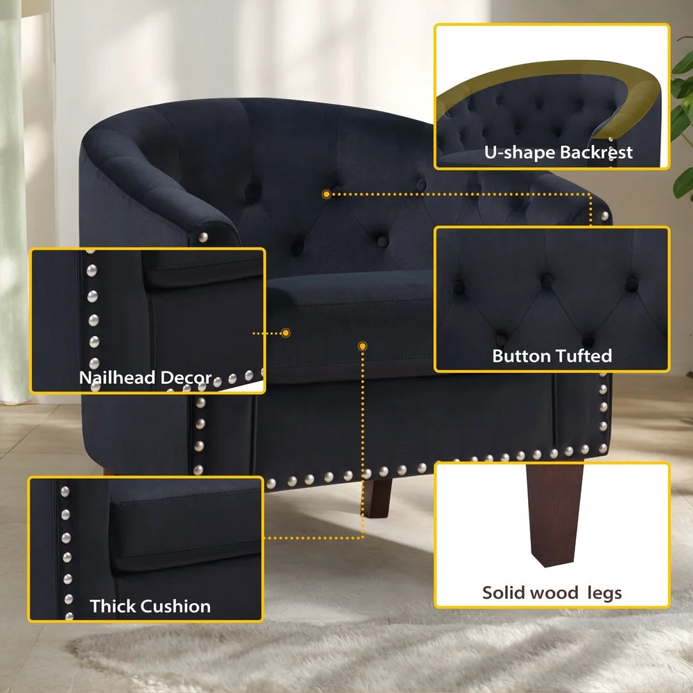 Elegant Velvet Barrel Accent Chair with Nailhead Trim Ergonomic Design