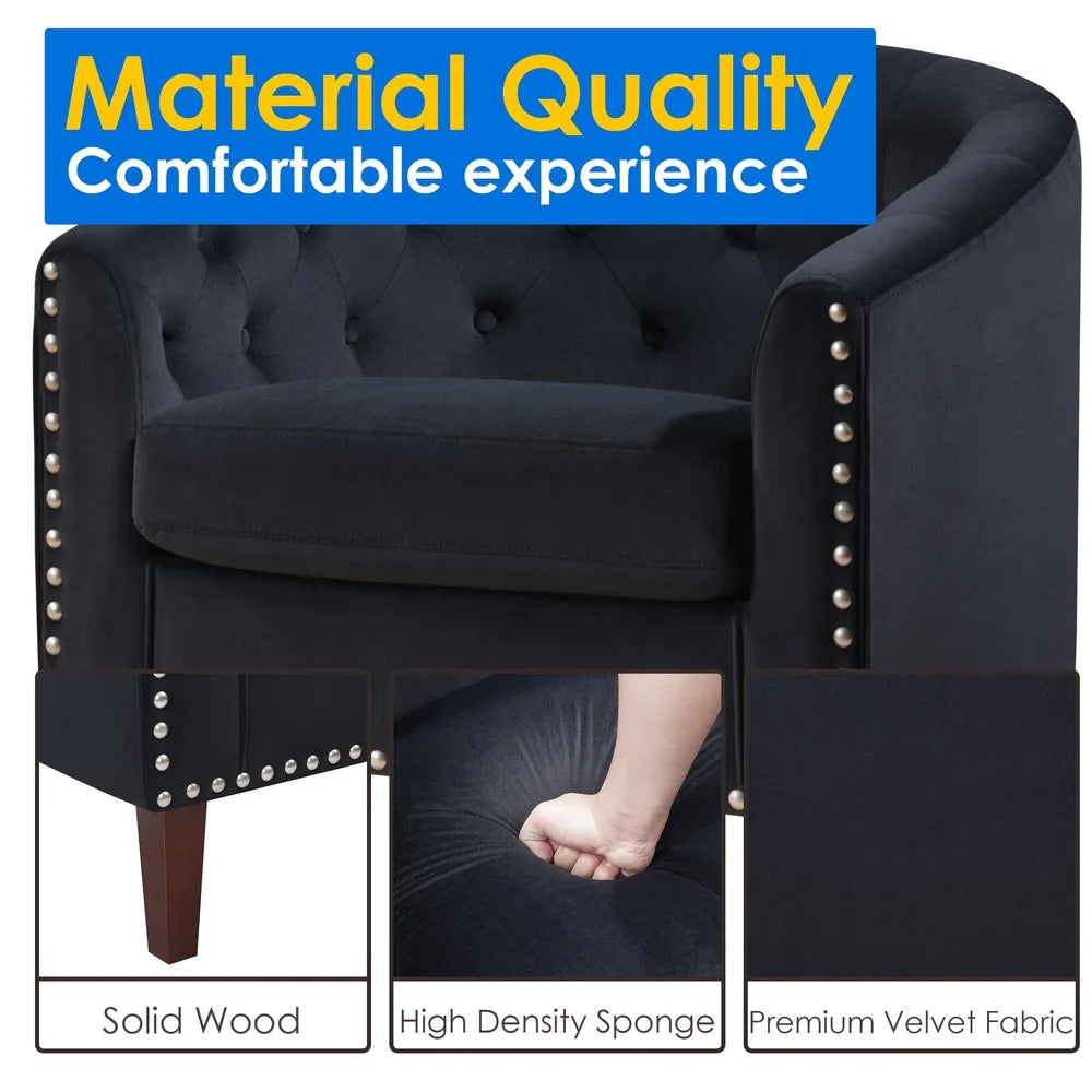 Elegant Velvet Barrel Accent Chair with Nailhead Trim Ergonomic Design