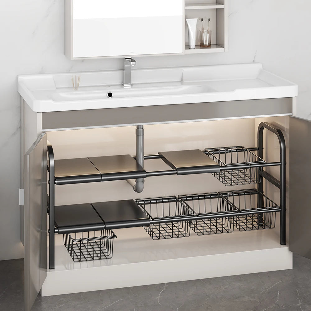 Expandable Cabinet Shelf Organizer Storage Rack With Removable Baskets