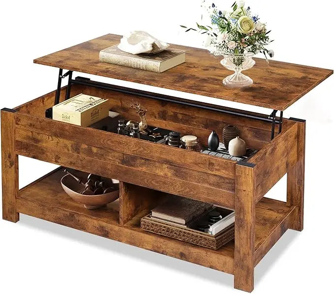 Lift Top Coffee Table with Hidden Compartment and 2 Storage Shelves