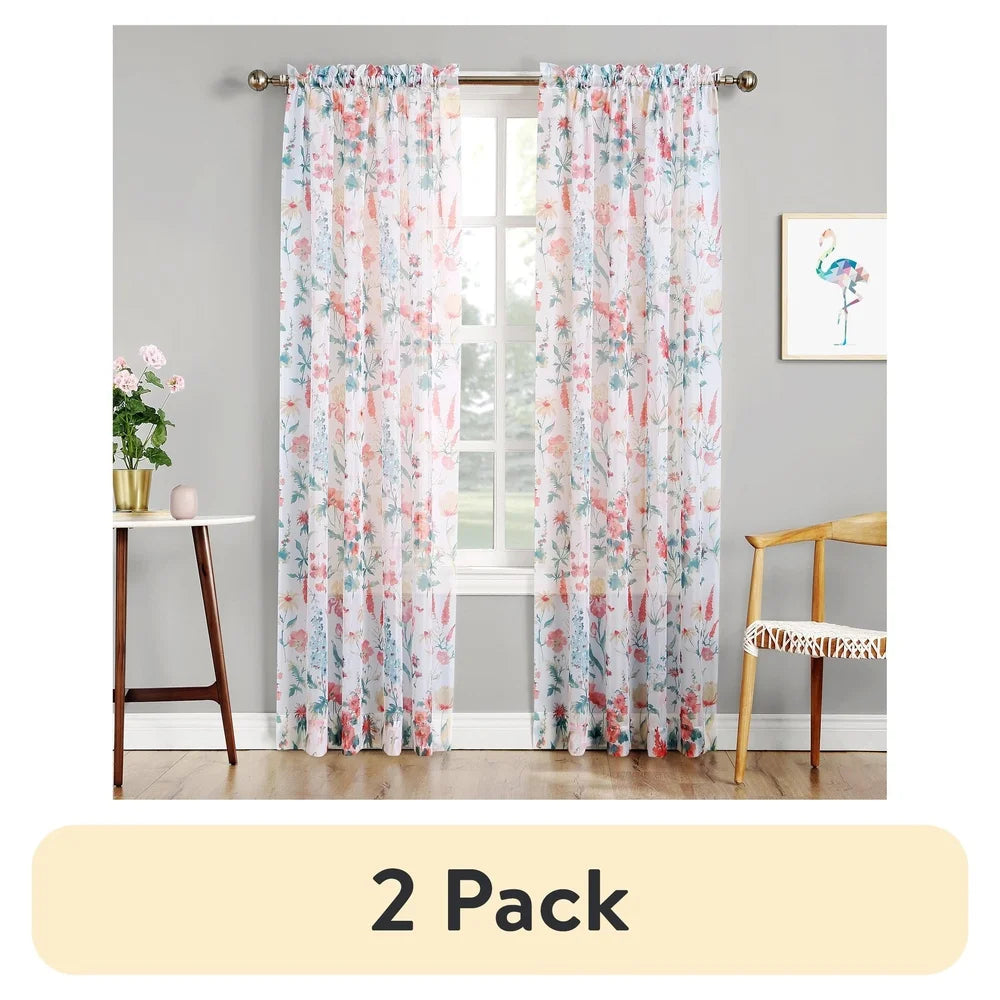 2 Pack Sheer Voile Curtain Panels Floral Rod Pocket Lightweight Machine Washable