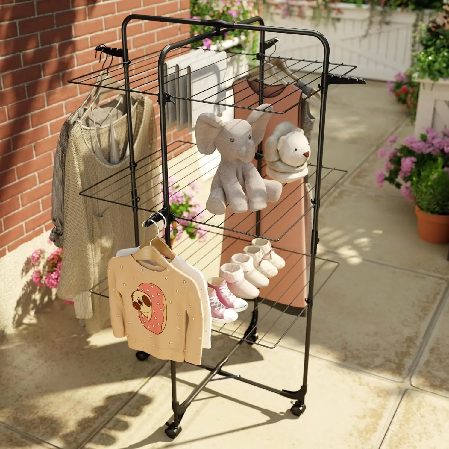 Clothes Drying Rack with Wheels and 4 Hooks Indoor-Outdoor Use