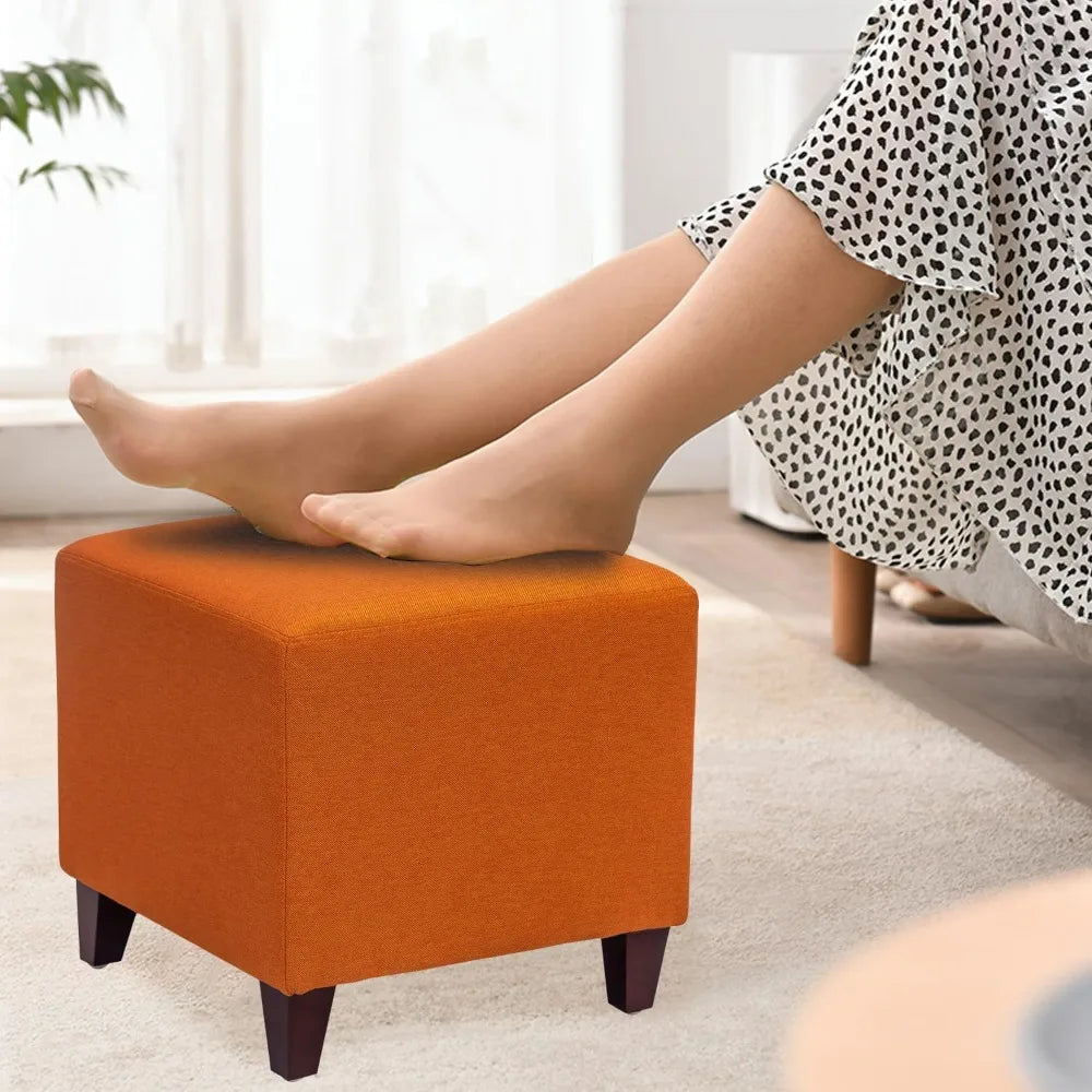 Square Ottoman Fabric Cube Foot Rest Stool with Wooden Legs