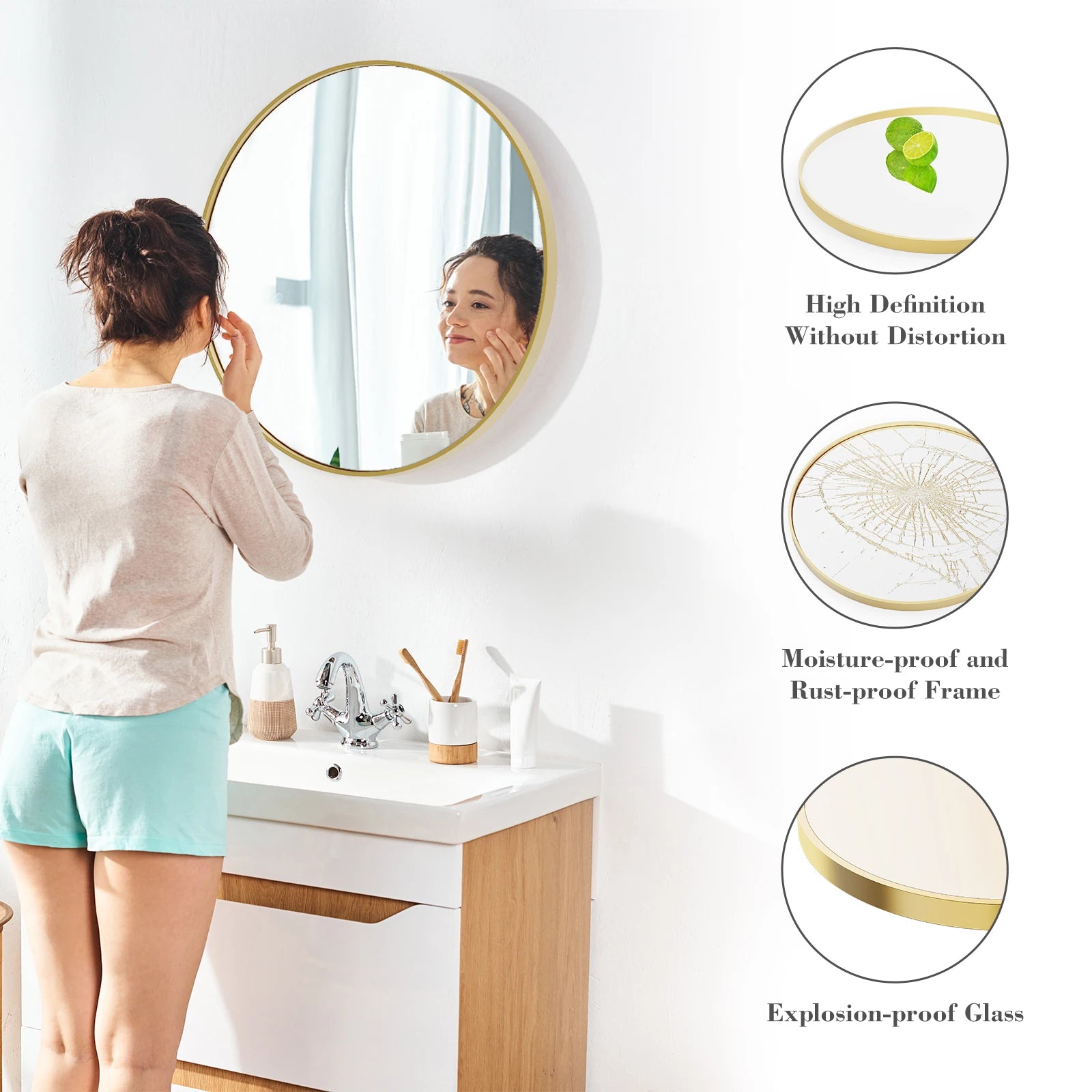 Large Gold Round Vanity Mirror for Wall Matte Metal Framed