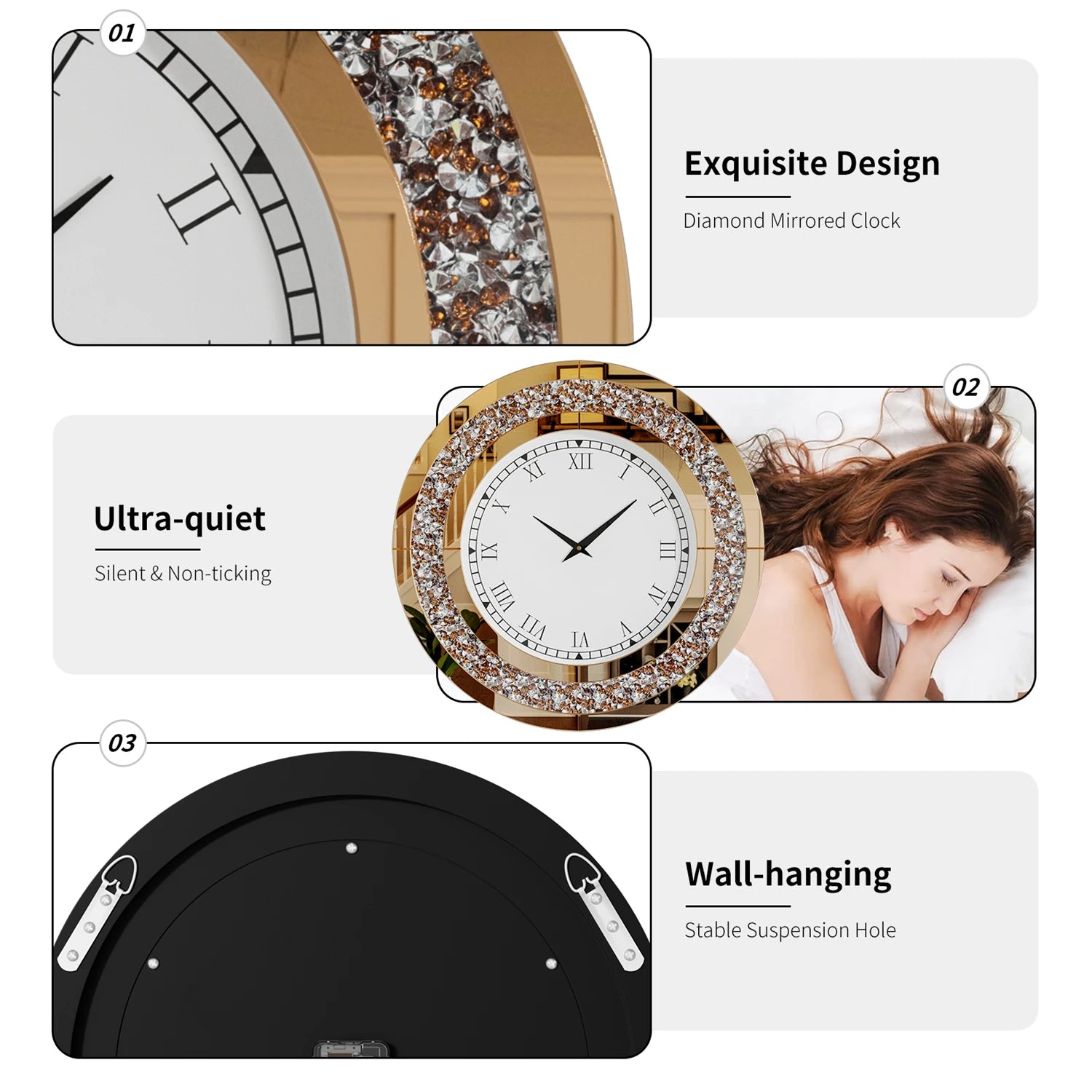 Bling Silver Round Mirror Clock Glam Sparkle Twinkle Shining