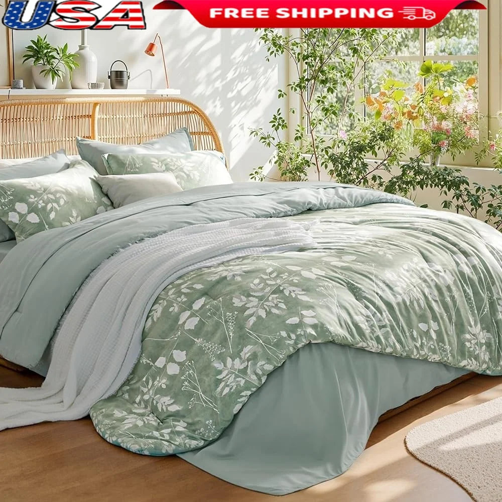 Queen Floral Comforter Set Botanical Flowers Pillows Fitted Flat Sheet Cozy Elegant