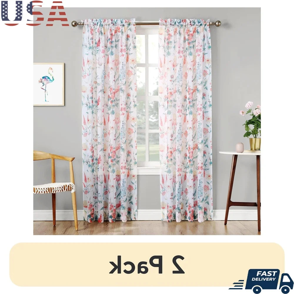 2 Pack Sheer Voile Curtain Panels Floral Rod Pocket Lightweight Machine Washable