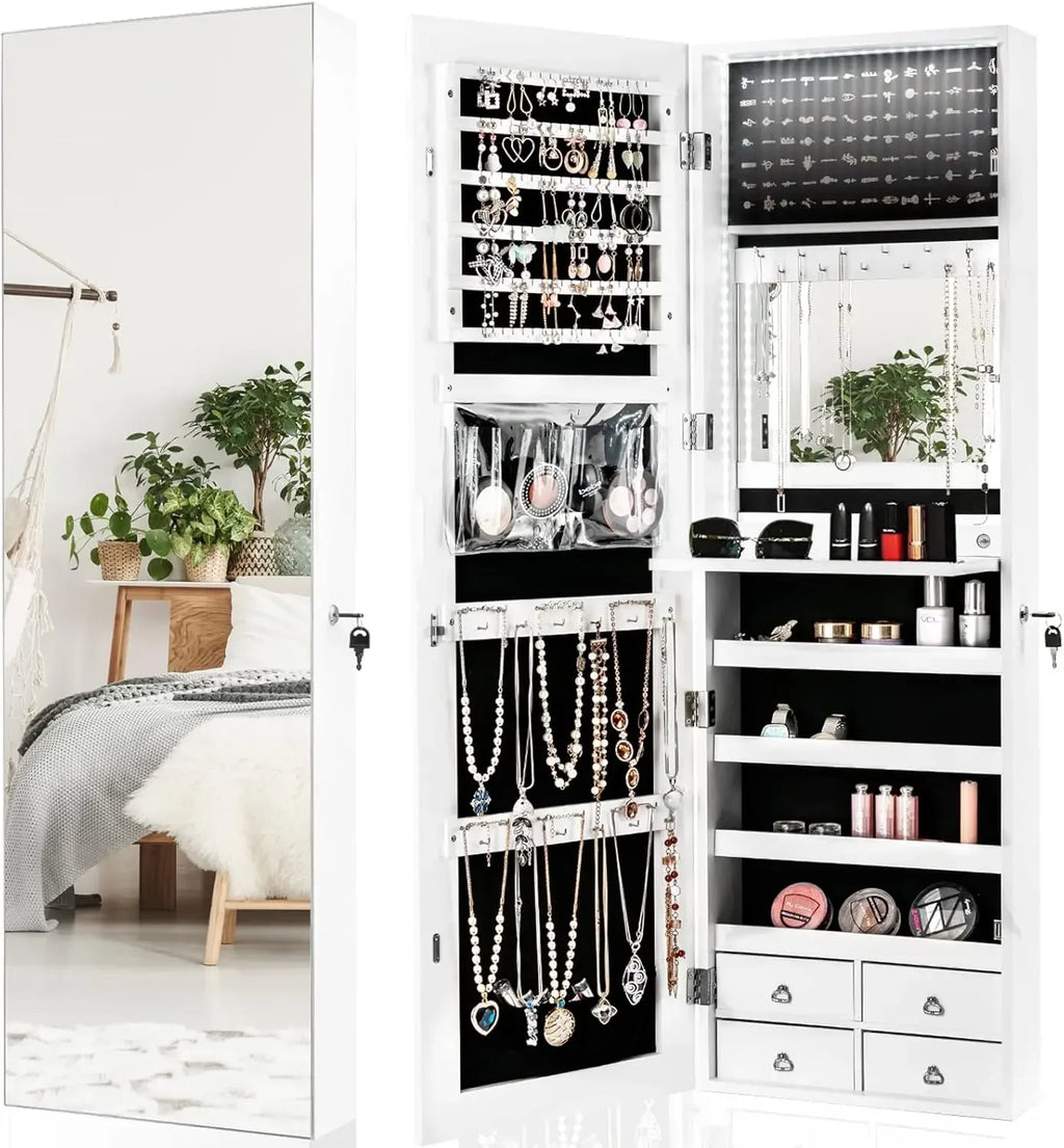 LED Strip Jewelry Armoire with 47.2" H Full Length Mirror