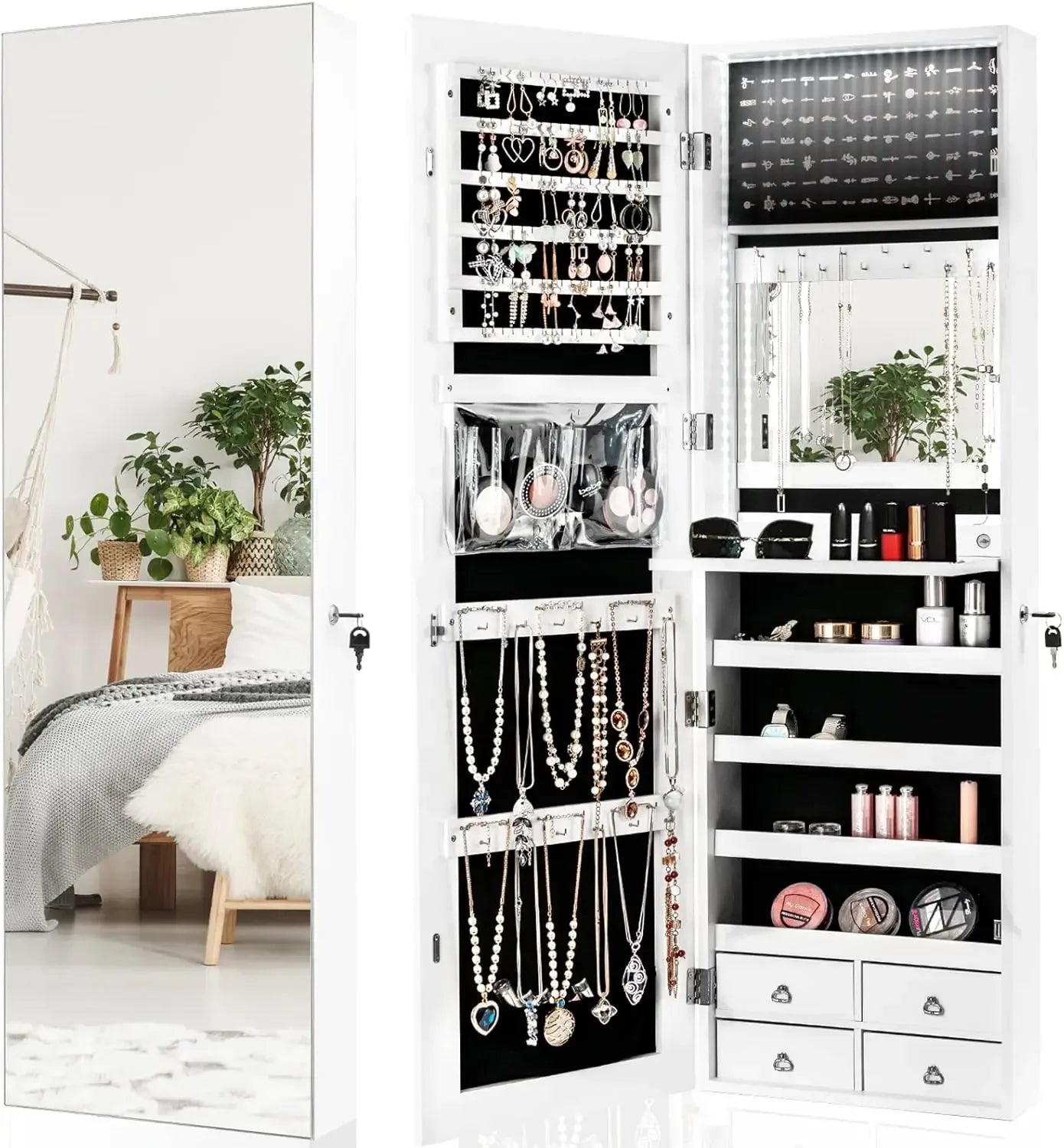 LED Strip Jewelry Armoire with 47.2" H Full Length Mirror