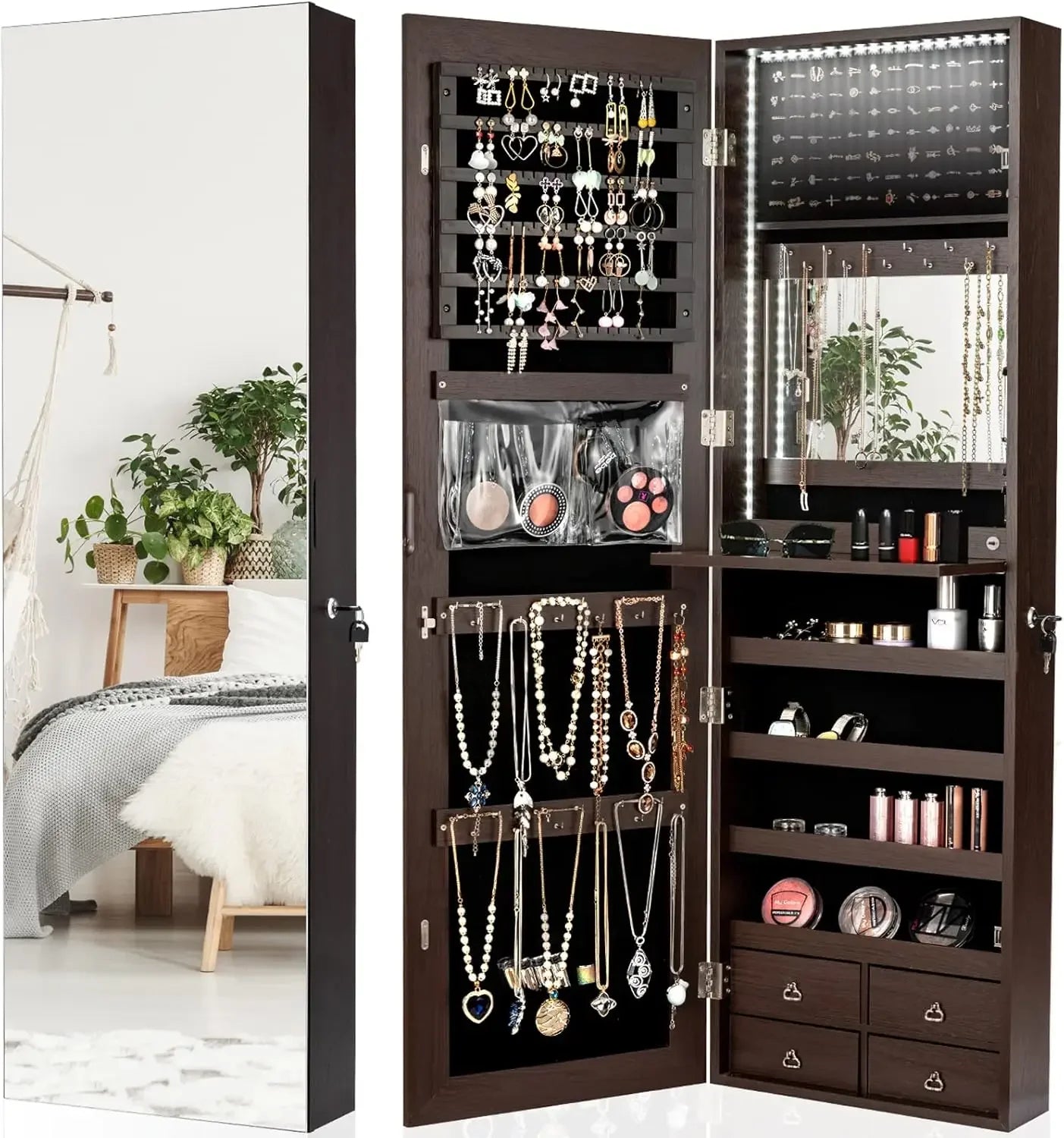 LED Strip Jewelry Armoire with 47.2" H Full Length Mirror
