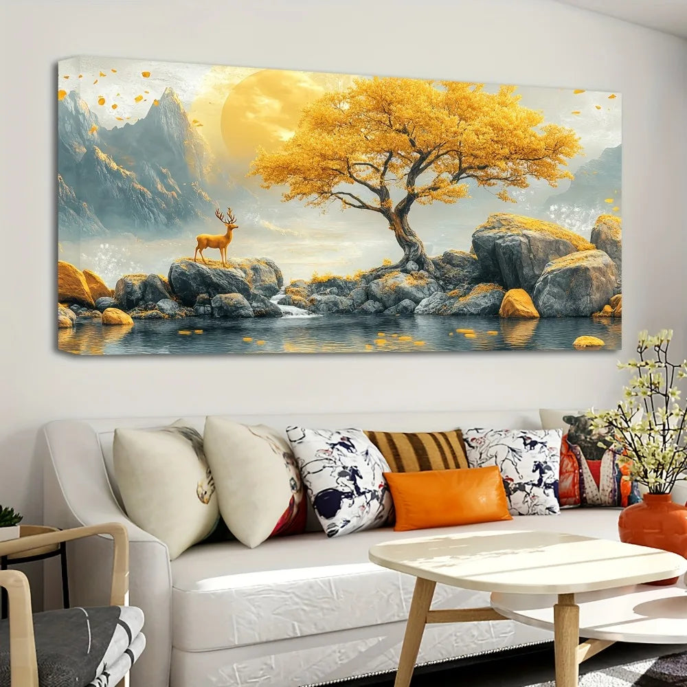 thick,thick pine solid wood frame abstract yellow tree stone painting