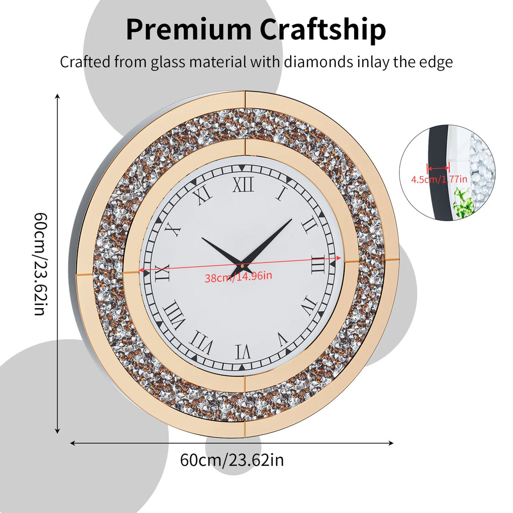 Bling Silver Round Mirror Clock Glam Sparkle Twinkle Shining