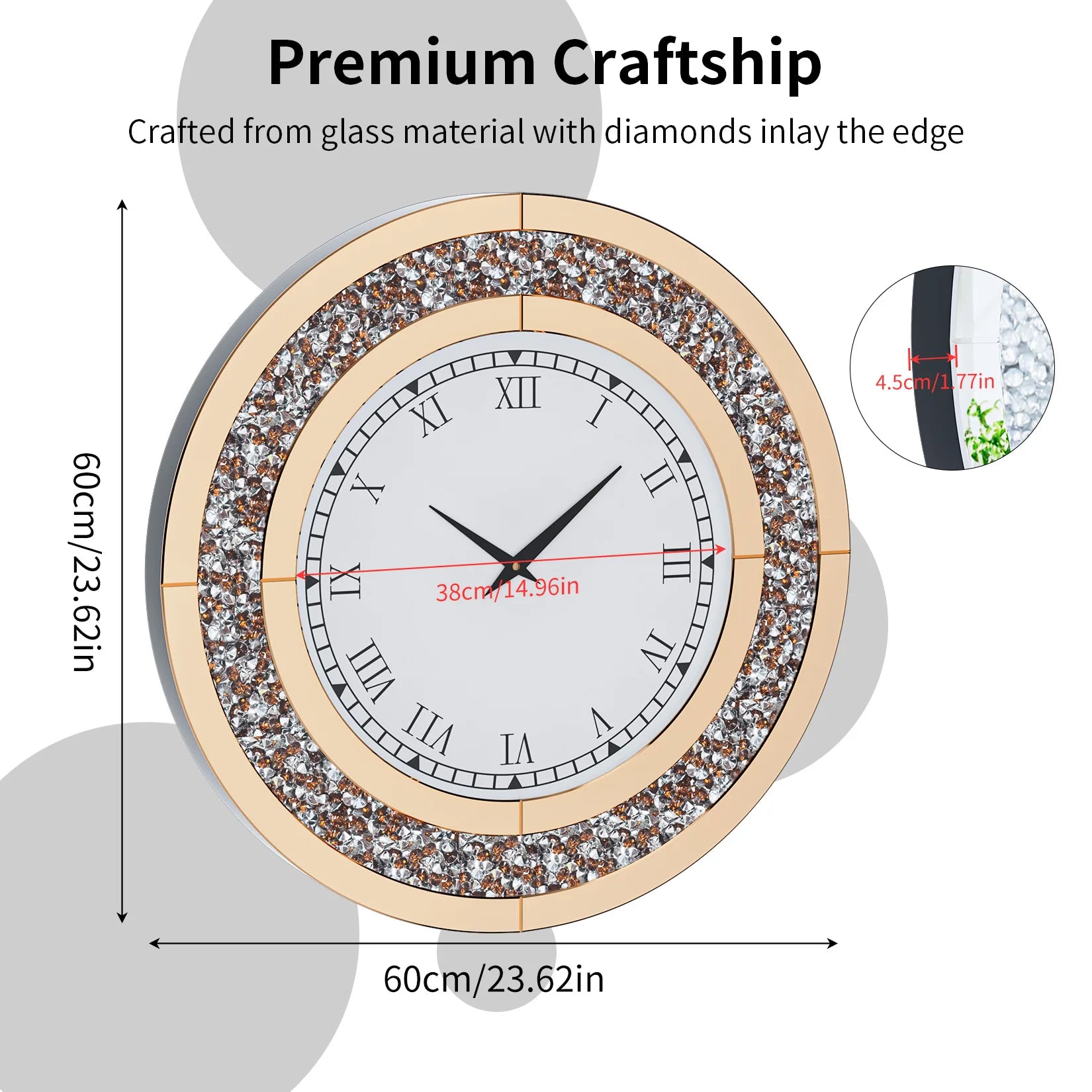 Bling Silver Round Mirror Clock Glam Sparkle Twinkle Shining