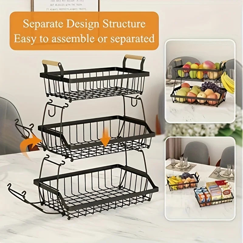 3-Tier countertop fruit basket with 2 banana hooks, removable metal device, wooden handle