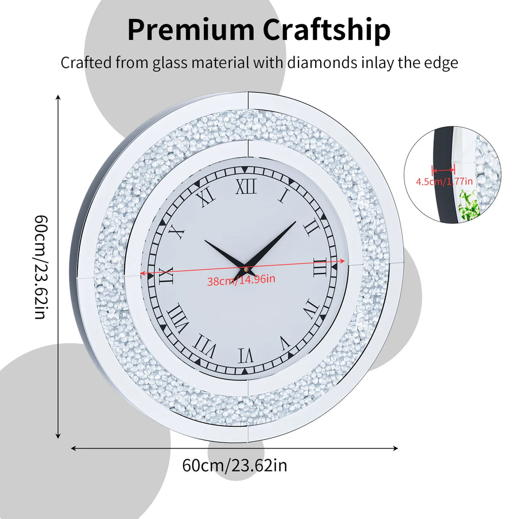 Bling Silver Round Mirror Clock Glam Sparkle Twinkle Shining